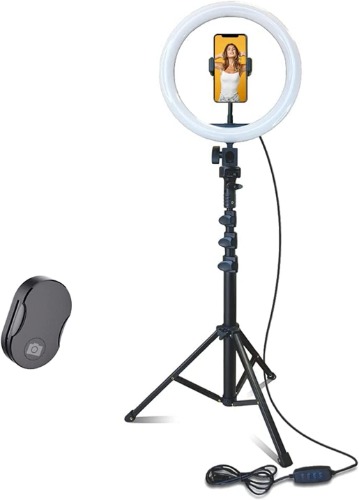 Fugetek 12" Selfie Ring Light Tripod Kit, Phone Holder, Bluetooth Remote, Aluminum Stand Extends to 51", USB Powered, Compatible with iPhone & Android, 3 Color Modes, Video, Photos, Makeup, TikTok - 51 inches