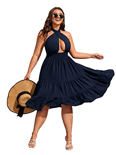 WDIRARA Women's Plus Size Crossover Halter Neck Tie Cut Out Ruffle Flowy A Line Dress 2023 Summer Short Dress - XX-Large Plus - Navy Blue