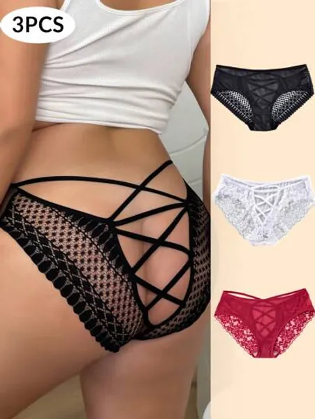 3pcs/set Plus Size Women's Lace Sexy Triangle Panties