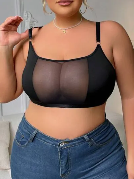 Plus Size Mesh Spliced Everyday Bralette (Wireless) Single Piece
