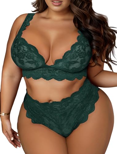 JuicyRose Women Plus Size 2 Piece Lingerie Sexy Floral Lace Scallop Trim Bralette and High Waist Panty Set - XX-Large - Green