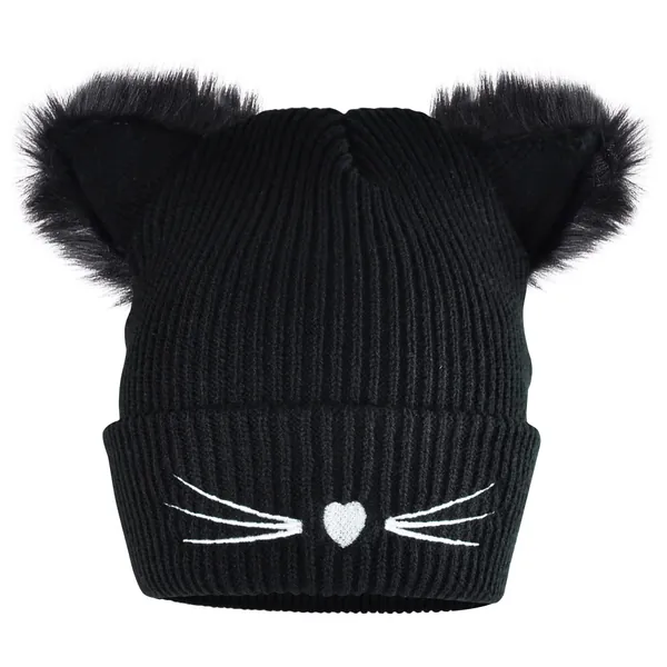 Womens Winter Warm Cute Cat Ears Beanie Hat Thermal Knit Crochet Braided Fashion Hats Soft Ski Snowboard Hat Double Faux Fur Bobble Pom Pom Cat Hat for Girls Ladies Valentines Gifts Black