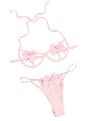 Kaei&Shi Present Bow Lingerie,Christmas Holiday Bra And Panty Set,Sexy Valentines Lingerie Sets Birthday Anniversary Boudoir - X-Small - Pink