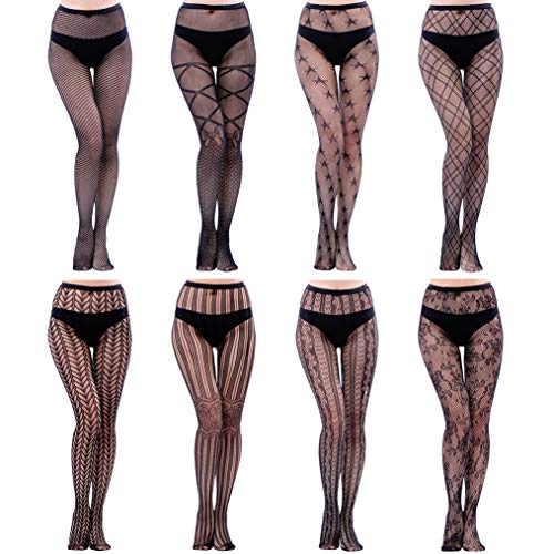 HOVEOX 8 Pairs Lace Tights Fishnet Floral Stockings Lace Patterned Tights Small Hole Pattern Leggings Tights Net Pantyhose - One Size - Black