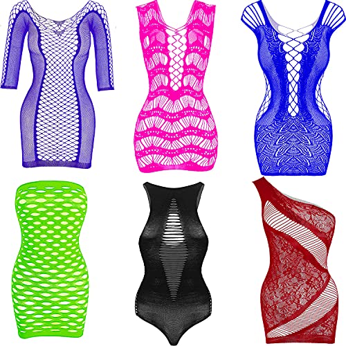 SATINIOR 6 Pieces Women Mesh Lingerie Fishnet Babydoll Mini Dress Mesh Bodysuit Sleepwear - Navy,wine,purple
