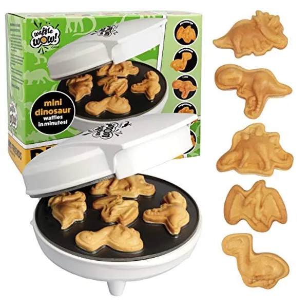Dinosaur Mini Waffle Maker - 5 Different 3D Shaped Dinos in Minutes- Fun Breakfast for Kids, Adults w Cool Novelty Pancakes, Electric Non-Stick Waffler Iron w Recipe Guide, Fun Jurassic Gift for Him