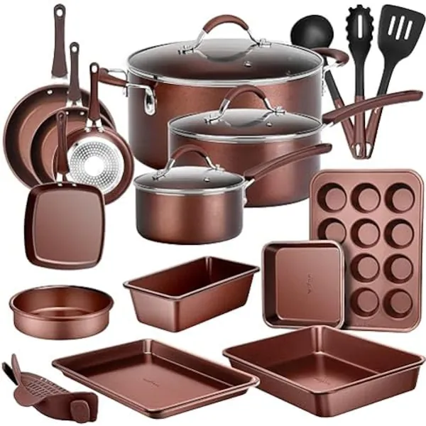 NutriChef 20 Piece Professional Home Kitchen Cookware and Bakeware, Pots and Pans Set Non Stick Kitchenware, Cool-Touch Handles, Safe for Gas, Electric, Induction Cooktops, Easy Clean, Brown
