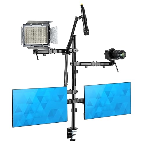 Mount-It! All in One Live Streaming Equipment | 5 Arm Streaming Desk Mount That Holds Dual Monitors, Cameras and Ring Light with Mic | YouTube Setup for Recording and Facebook Live Equipment - 5 arm