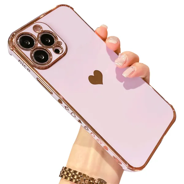 niufoey Designed for iPhone 13 Pro Max Case for Women,Luxury Love Heart Plating Phone Case with Camera Protection,Soft TPU Bumper with Small Love Pattern,Airbag Shockproof Case Cover 6.7 inch-Purple - Purple