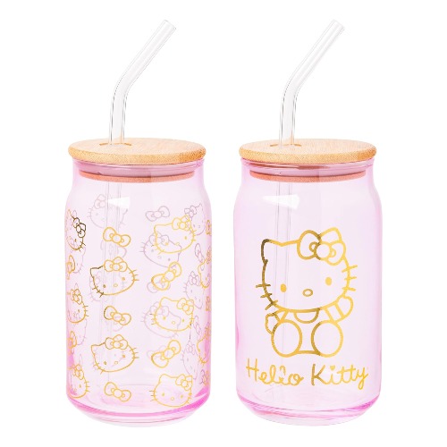 Hello Kitty Pink Glass Jar Tumblers with Bamboo Lid (Set of 2)