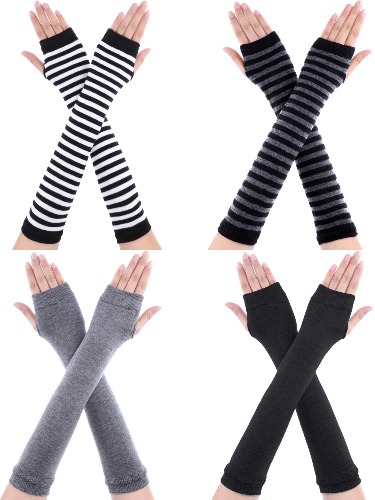 4 Paires Gants Longs sans Doigts Gants à Longueur de Coude Chauds avec Trou de Pouce pour Femmes (Jeu de Couleur 1)