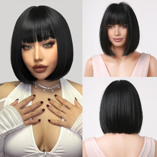 HAIRCUBE Perruque Bob Noire avec Frange Perruques Courtes pour Femmes Perruque Synthétique en Fibre Résistante à la Chaleur Aspect Naturel 12 Pouces
