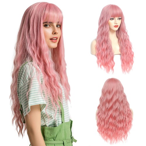 MEIRIYFA Rose Perruque longue pièce de cheveux bouclés avec frange pour femmes perruque complète résistante à la chaleur synthétique pour fête Cosplay ou tenue quotidienne