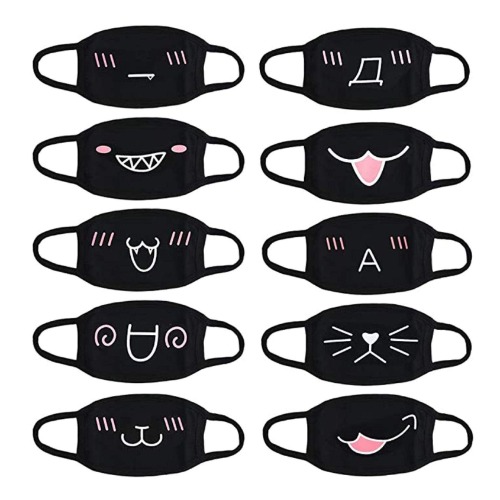 Anime Cartoon Protège Bouche Coton Anti-poussière Mode Kawaii Mignon Protection Bouche Réutilisable Noir avec Motif (A)