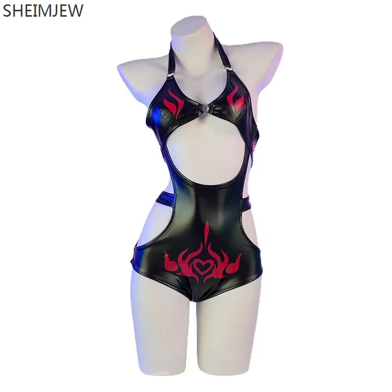 Traje de baño de una pieza con estampado de llama de charol para mujer, traje de baño Sexy, Cyber Assassin, Mono de cuero, Anime, Succubus - AliExpress 200000532