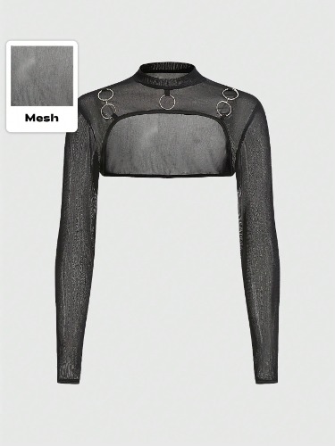 ROMWE Goth Top De Malla Transparente Con Bolero Decorado Con Anillo Metálico