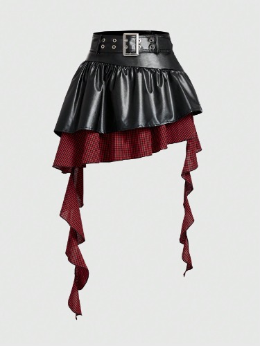 ROMWE PUNK Falda con cinturón de hebilla con ojetes de dos tonos, para la escuela