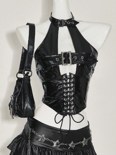 SHEIN ICON Top de tirantes con decoración de ojales y cordones en la espalda de piel sintética de estilo gótico Y2K para mujeres