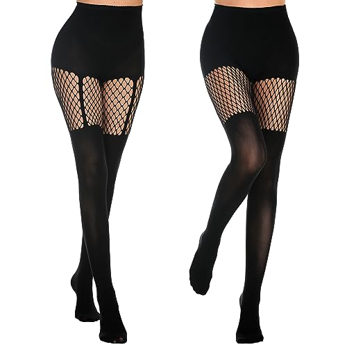 MANZI Womens Faux Thigh High Fishnet Stockings Stitching Opaque Pantyhose Mock Over the Knee Goth Striped Suspender Tights - One Size - 1 Grid + 1 Suspender