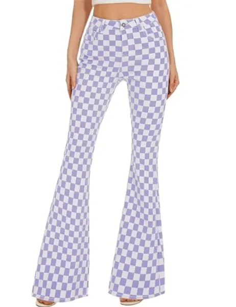 Bell Bottom Jeans for Women High Waisted Stretch Plaid Flare Jeans Denim Bootcut Pants