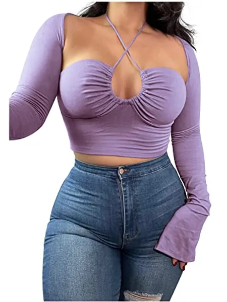 KERPELLY Women's Sexy Halter Criss Cross Tie Up Crop Top Basic Long Sleeve Cut Out T Shirt