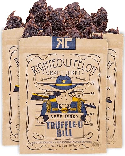 Righteous Felon Beef Jerky - Truffle-O-Soldier Flavor - All-Natural Jerky - Locally Sourced & Dried Beef Jerky - Low-Sugar, High-Protein, Healthy Snacks - 2 Ounces, Pack of 3 - Truffle-O-Soldier