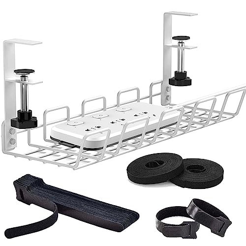 INCHOR Under Desk Cable Management Tray, 15.7'' No Drill Steel Organizers, Wire Tray Rack, with Organizer & Cord for Office Home, White-A (HY6636) - White-A