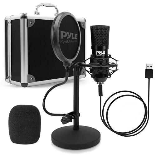 USB Microphone Podcast Recording Kit - Audio Cardioid Condenser Mic w/Desktop Stand and Pop Filter - for Gaming PS4, Streaming, Podcasting, Studio, YouTube, Works w/Windows Mac PC - Pyle PDMIKT120 - V2