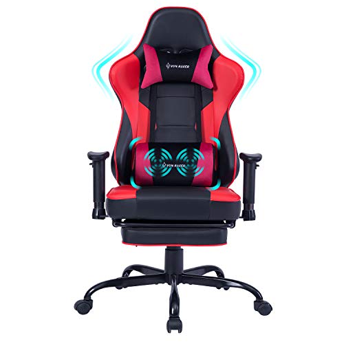 VON Racer Gaming Chair with Massager Lumbar Support and Retractible Footrest, High Back Ergonomic Racing Style Computer Leather Executive Office Swivel Chairs Adjustable Armrests and Backrest (Red) - Red