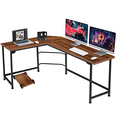 VECELO L-Shaped Corner CPU Stand Study Writing Table Workstation Gaming Computer Desk for Home Office,Brown, 66 - Brown - 66 Inch