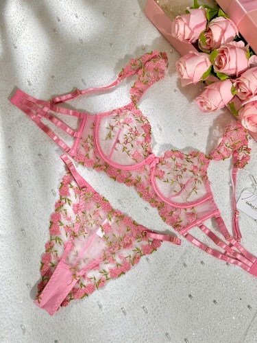 Sweetness Pink Rose Embroidered Lingerie Set | PINK / S