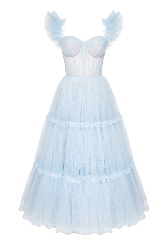 Light Blue Ruffled Tulle Midi Dress | XS | Light Blue