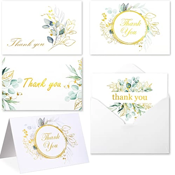 100 Bulk Thank You Cards with Envelopes White and Greenery Gold Foil – Floral watercolor Cards Thank You Notes with Envelopes and Eucalyptus leaves for Wedding Bridal Baby Shower Graduation Fune