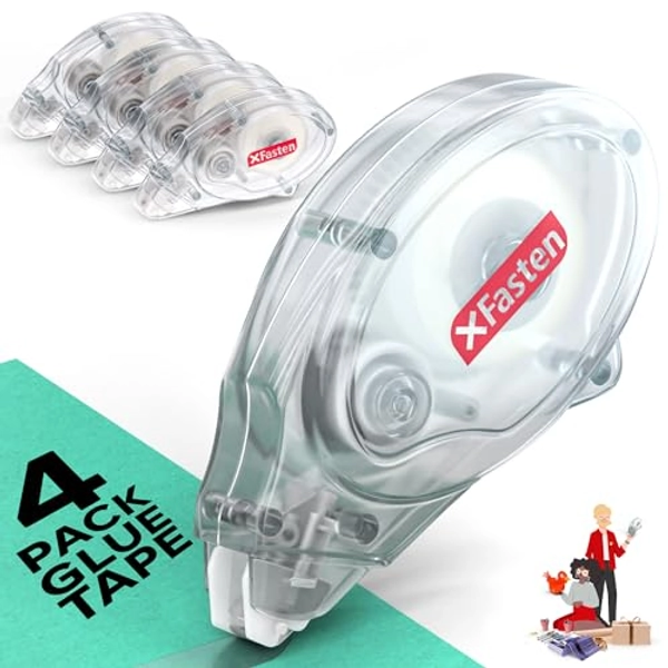 XFasten Glue Tape Roller Runner, Clear, Acid-Free, Zero-Jamming 0.3-inch x 360-inch (4-Pack, 1440-inches Total) Double Sided Gift Wrapping Tape for Scrapbooking, Journal, Photo, Card Making