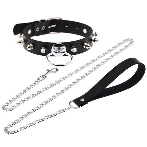JNKET Rivets Choker Punk Hauling Chain PU Leather Collar Metal Ring Gothic Necklace NightClub Goth Leash Belts Adjustable Size