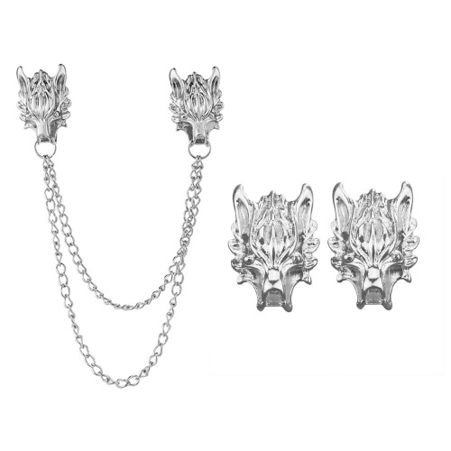 Punk Wolf Head Long Chain Pin for Men's Stainless Steel silver Wolf Pin Vintage Animal Brooch for man women unisex (Silver), Metal, no gemstone