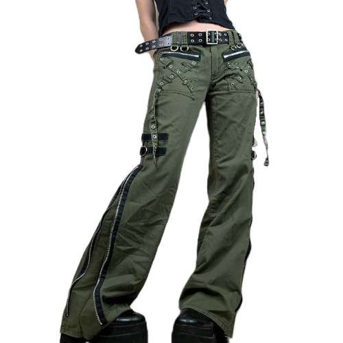 NUFIWI Gothic Cargo Pants Loose Low Waist Trousers Wide Leg Baggy Jeans Harajuku Streetwear Punk - Medium - Eyelet Green Zip