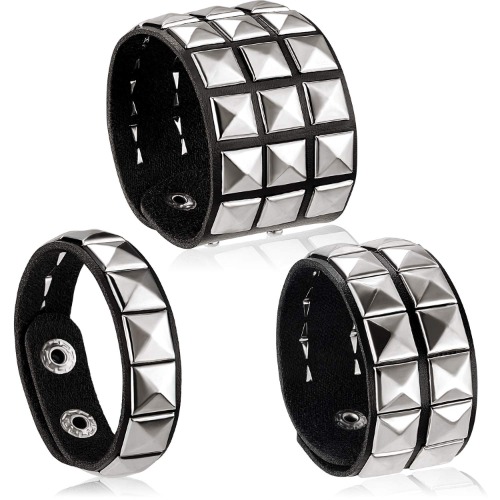 Hicarer 3 Pieces Leather Studded Punk Bracelet for Men Women 80s Studded Wristband Goth Punk Rock Bracelet Spike Rivet Cuff Bangle Unisex Metal for Halloween Party Favors Accessories - Round $9.40