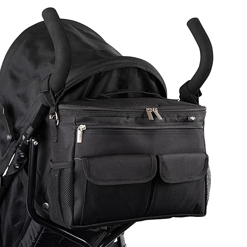 Buggy Organiser with Wipe Clean Lining. Fits All Pushchairs. A Durable Pram Organiser Storage Solution Bag – BTR - Black Plus 2 Pram Clips