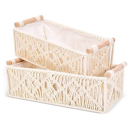Cucudoner Macrame Storage Basket Boho Decor Baskets，Handmade Woven Decorative Basket，Handmade Countertop Toilet Tank Shelf Cabinet Organizer for Bathroom Decor Bedroom Livingroom Home（Set of 2） - White1
