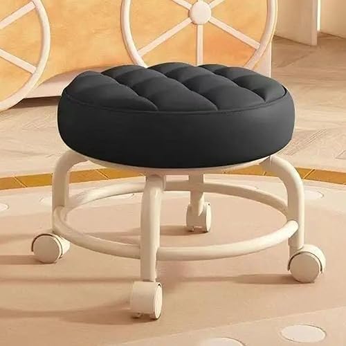 HIQACTLIF Low Rolling Stool, Soft PU Leather Seat Plastic Shelf 360 Degree Smooth Wheels, Short Rolling Stool For Garage Home Garden Massage Office Shop Fitness SportGarage - Black