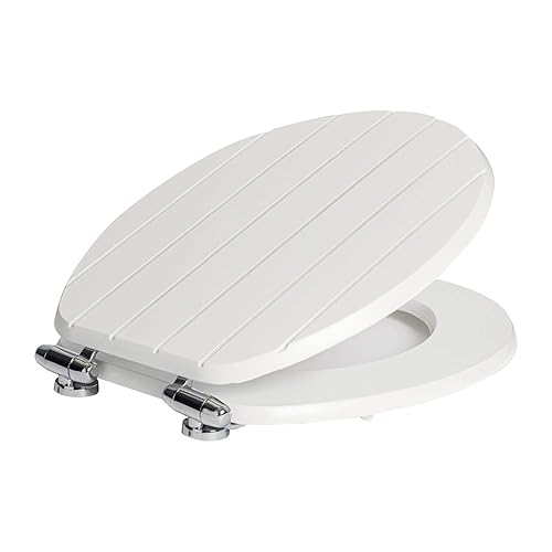 Harbour Housewares Soft Close Toilet Seat - White - Pack of 1 - Oval-Shaped Wooden Toilet Seat Antibacterial Loo Seat with Universal Chrome Hinges, Fixings & Fittings - White - Pack of 1