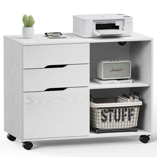 DUMOS File Cabinet 3 Drawer - Storage Filing Cabinets Office Drawers White Printer Stand Lateral Mobile Under Desk Organizer Wooden with Wheels Adjustable Shelves for Home, Room, Small Spaces, White - 3-Drawer - White