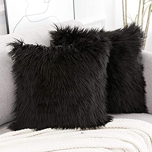 WLNUI Set of 2 Black Decorative Pillow Covers New Luxury Series Merino Style Faux Fur Fluffy Throw Pillow Covers Square Fuzzy Cushion Case 20x20 Inch - 20"x20" - Black