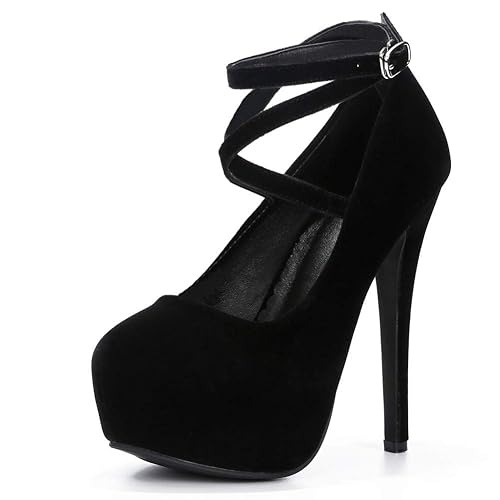 Women's Ankle Cross Strap Pumps Platform Stiletto Dress High Heel - 8 - Pure Black Velvet-14cm