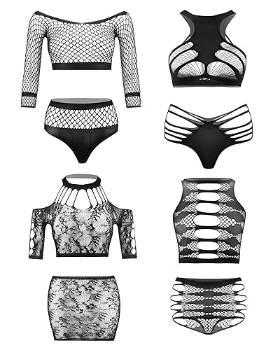 Women's Fishnet Lingerie Lace Stockings Bodysuits Mesh Babydoll for Women - 4 Pack: Black
