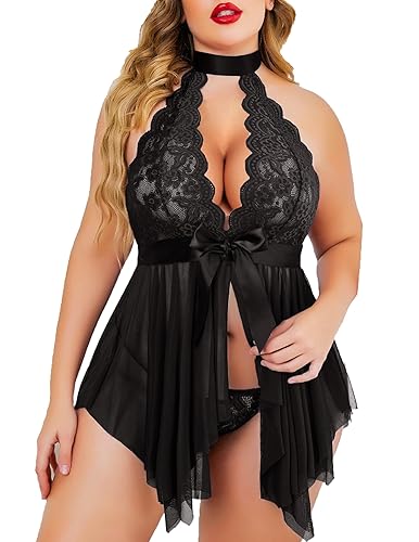 Avidlove Plus Size Babydoll for Women High Waist Teddy Chemise Floral Lace Lingerie - 1black - XX-Large