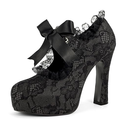 Elerhythm Women's Lace Flower Mary Jane Punk Closed Toe Prom Costume Elegantes Gothic Pumps Vintage Sweet Platform High Heels Shoes - 8.5 - Black
