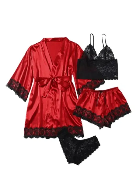 WDIRARA Women' Silk Satin Pajamas Set 4pcs Lingerie Floral Lace Cami Sleepwear with Robe