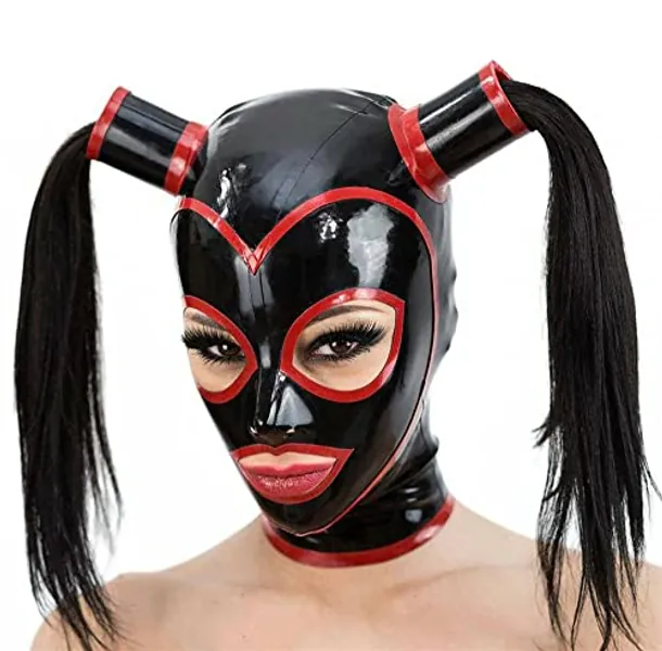 Yuanweicloths Latex Hood Halloween with Two Pigtail Tubes and Contrast Trim for Casuit Cosplay Party Latex Fetish